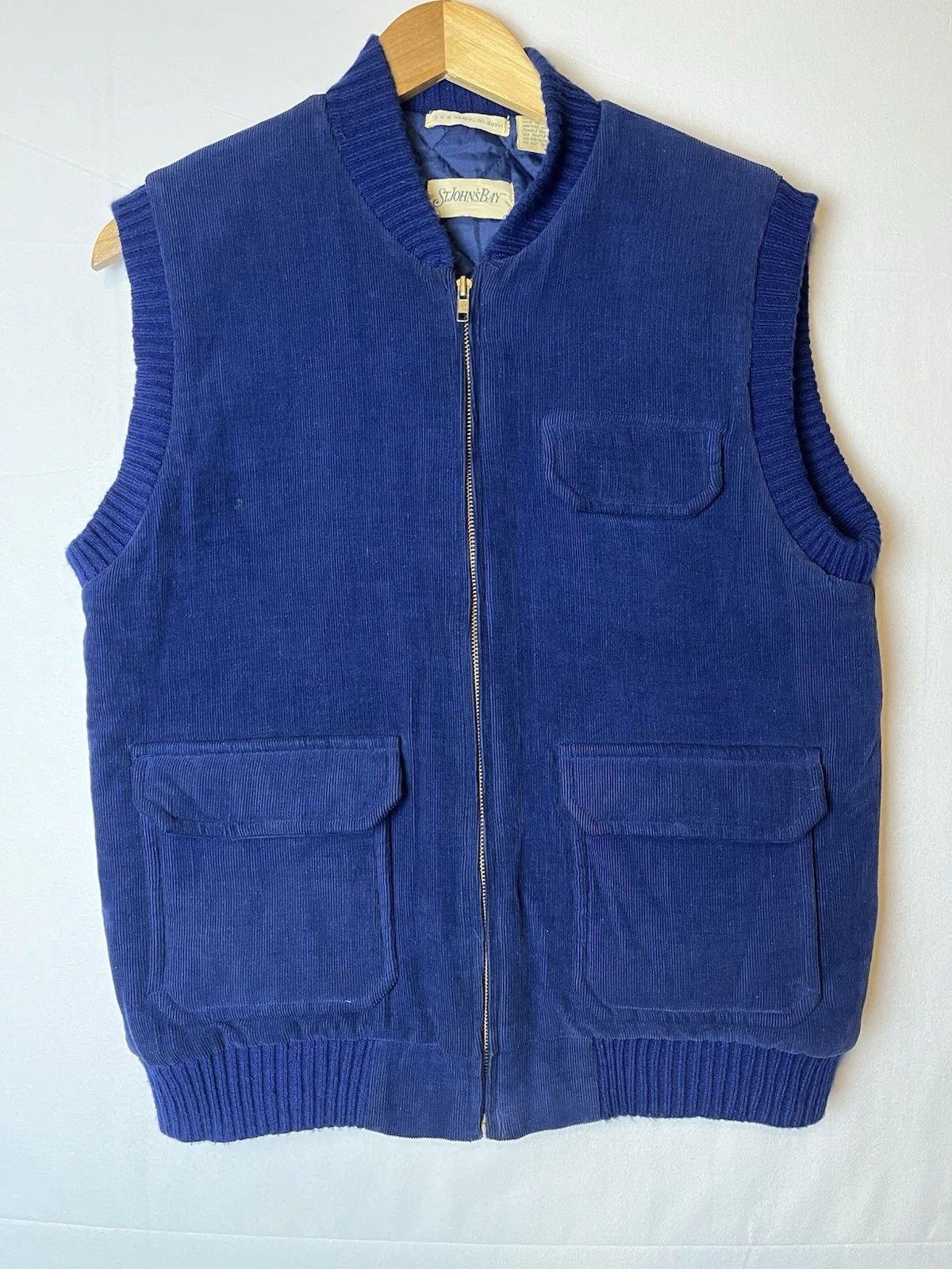 Vintage St Johns Bay Vest M Blue Corduroy Full Zip Pocket Quilt Lined Coat 1980s