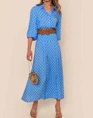 Rixo London Izzy Blue Polka Dot Shirt Dress Size Medium M UK 12