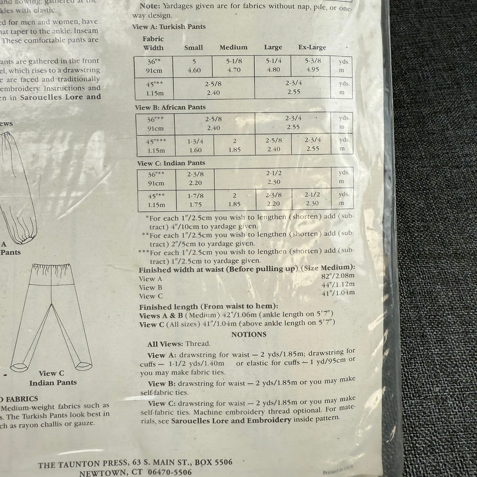 Folkwear # 119 Sarouelles Sewing Pattern Pants Turkey Africa India UNCUT - Image 4 of 4