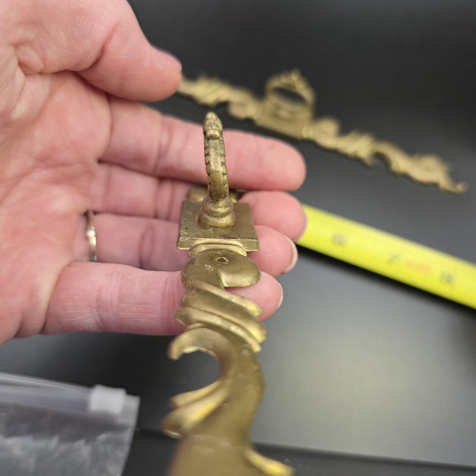 Vintage Ornate Brass Drawer Pulls Set of 3 ~ 7.75" Escutcheon Plates Ring Handle