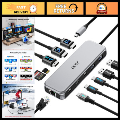 11-in-1 USB C Docking Station for Laptops, 3 Monitors, 8K DP, HDMI 4K, 100W PD