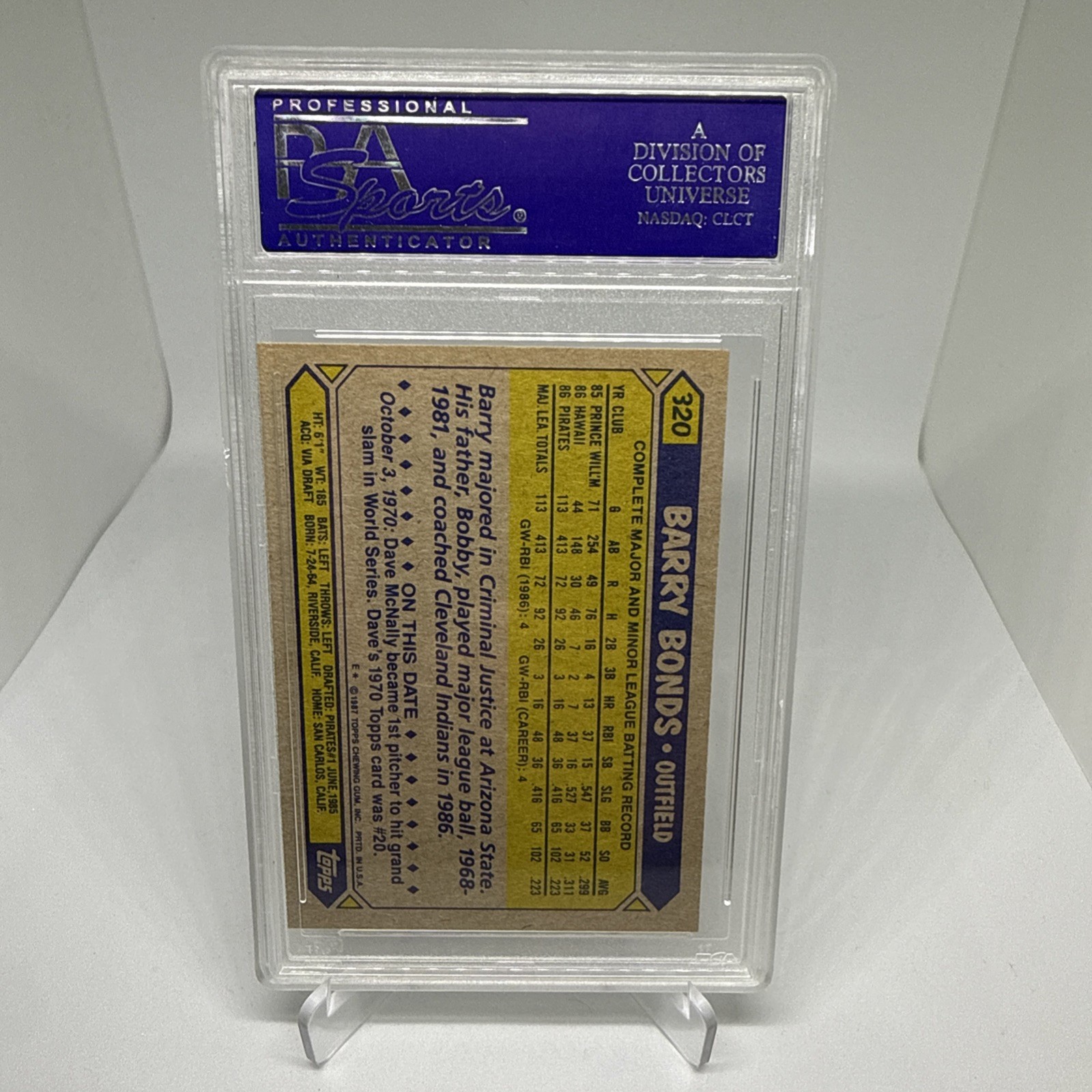 PSA 10 - 1987 Topps Barry Bonds #320 (RC) GEM MT view 2