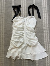 Pretty Little Thing SZ 10 White Woven Ruched Corset Detail Frill Hem Mini Dress