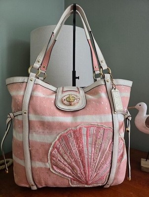 Coach 19576 Audrey Pink Sequin Shell Canvas Cinched Tote Bag Rare Coastal