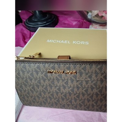 NWT Michael Kors Jet Set Travel Large Double Zip Wristlet - Brown Signature