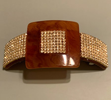 Tortoise Marbled Rectangle Barrette Hair Clip Brown Gold Clear Rhinestone
