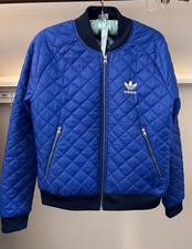 Adidas Blue Bomber Track Jacket Coat Trainer EUC Womens Size Small Sporty
