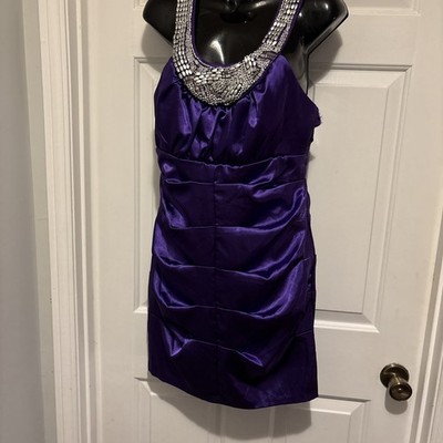 Vintage Purple Satin Heavily Encrusted Neckline Cocktail Dress  Size 13