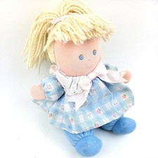 Eden Blond Ponytail Yarn Hair Girl Doll Blue Eyes n Dress Stuffed Plush 11in Vtg