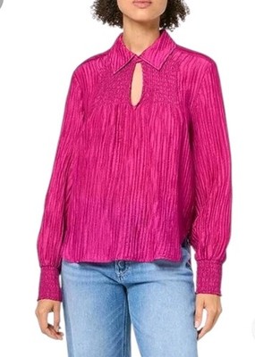 NWOT LA JOIE ANAISE Fuschia Collared Long Sleeve Smocked Pleated Top Sz XL