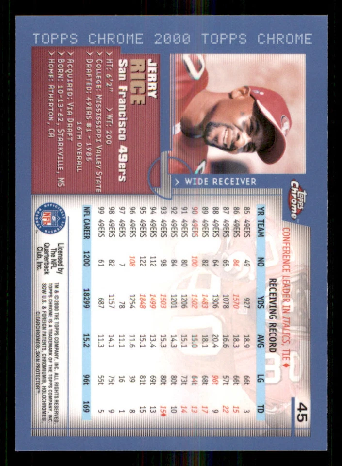 2000 Topps Chrome #45 Jerry Rice - Image 2 of 2
