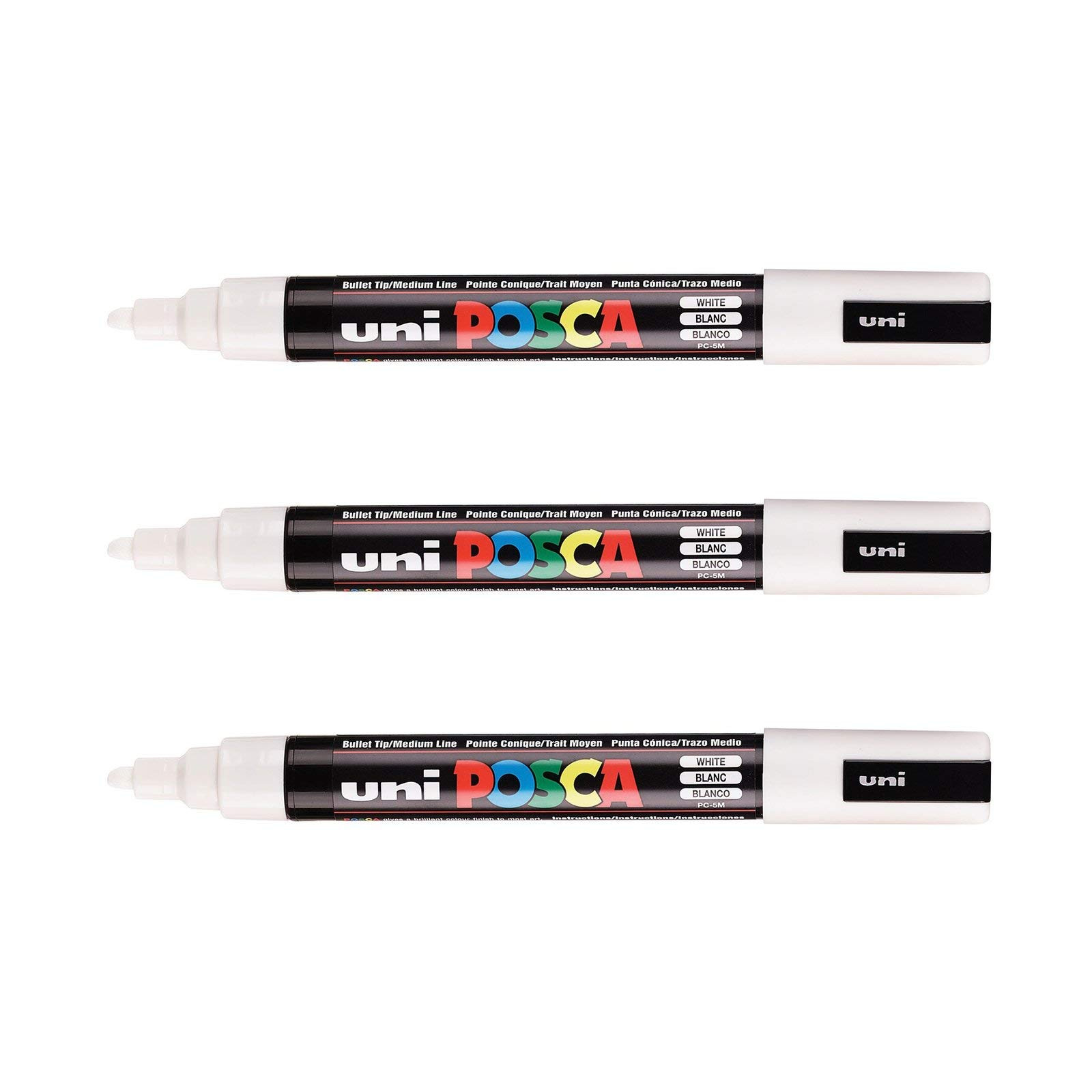 Mitsubishi Pencil, 3 pennarelli Posca PC5M bianchi, punta conica, Posca a (G6r)