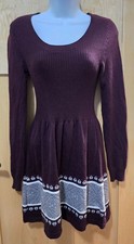 Cloud Chaser Lg Sleeve Burgundy Sweater Dress W Geometric Pattern cottagecore