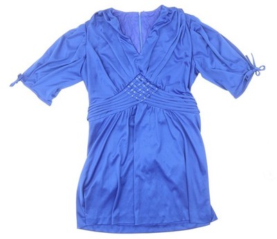 Getragene Damen blau Polyester A-Linie Größe 42 Rundhalsausschnitt Reißverschluss - Bindedetail am