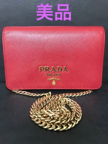 Prada Saffiano Chain Shoulder Wallet Red Leather Small Used From Japan