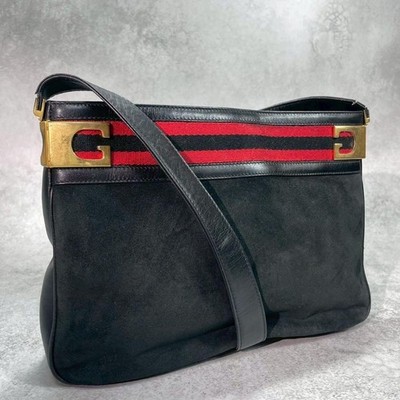 GUCCI Sherry Line Shoulder Bag Navy Suede Leather Gold Hardware Logo From Japan