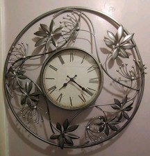 Augustina Wall Clock, Silver Metal Lg. Floral...
