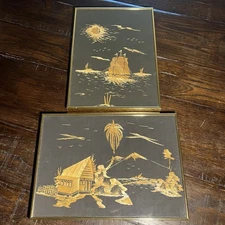 Vtg Asian MCM Set Of 2 Bamboo Straw Art Pictures Ship Cabin Palm Trees 12x17”
