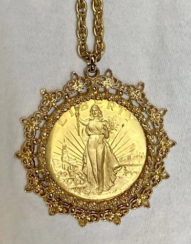 Faux Gold Lady Liberty/Liberty Bell Necklace with Rhinestones