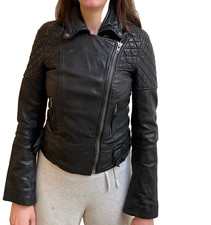 Authentic All Saints Womens/Girls black leather biker jacket, UK8, slim fit