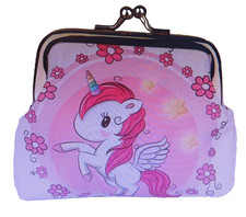 Girls Cute Pink Unicorn Flowers Print Coin Purse Mini Wallet