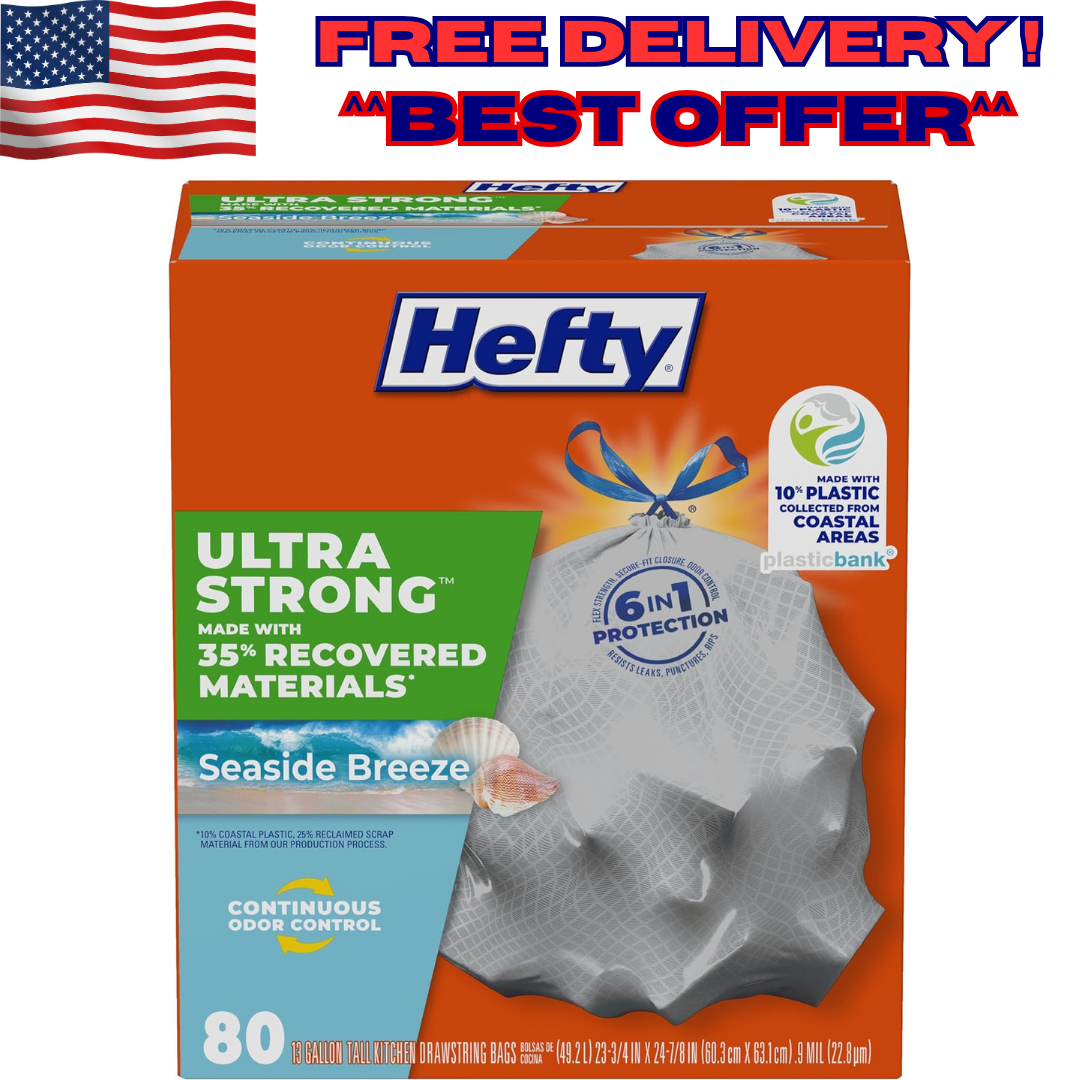 Hefty Ultra Strong 13 Gallon Trash Bags,Gray, Seaside Breeze Scent,80 Bags
