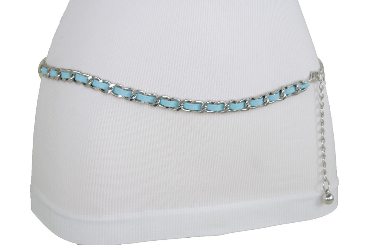 VINTAGE RETRO TURQUOISE BLUE WITH SILVER METAL CHAIN LINK DETAILS WOMEN’S BELT Women Skinny Silver Metal Chain Link Belt Turquoise Blue  main image 4