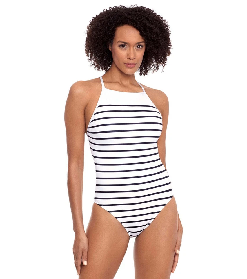 Traje de baño Ralph Lauren 298658 bretón a rayas cuello alto de una pieza EE. UU. 14 Foto 3 de 3
