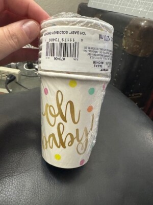 Unique 8ct. Oh Baby Gold Baby Shower 9oz. Hot/Cold Paper Cups Party Tableware