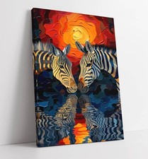 TWO ZEBRAS DRINKING WATER SUNSET HOME DECOR CANVAS WALL ART PICTURE PRINT