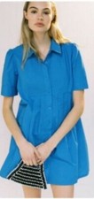 Urban Outfitter Dress Shirt Mini Blue Michaela Babydoll Pleated Cotton Sz S New