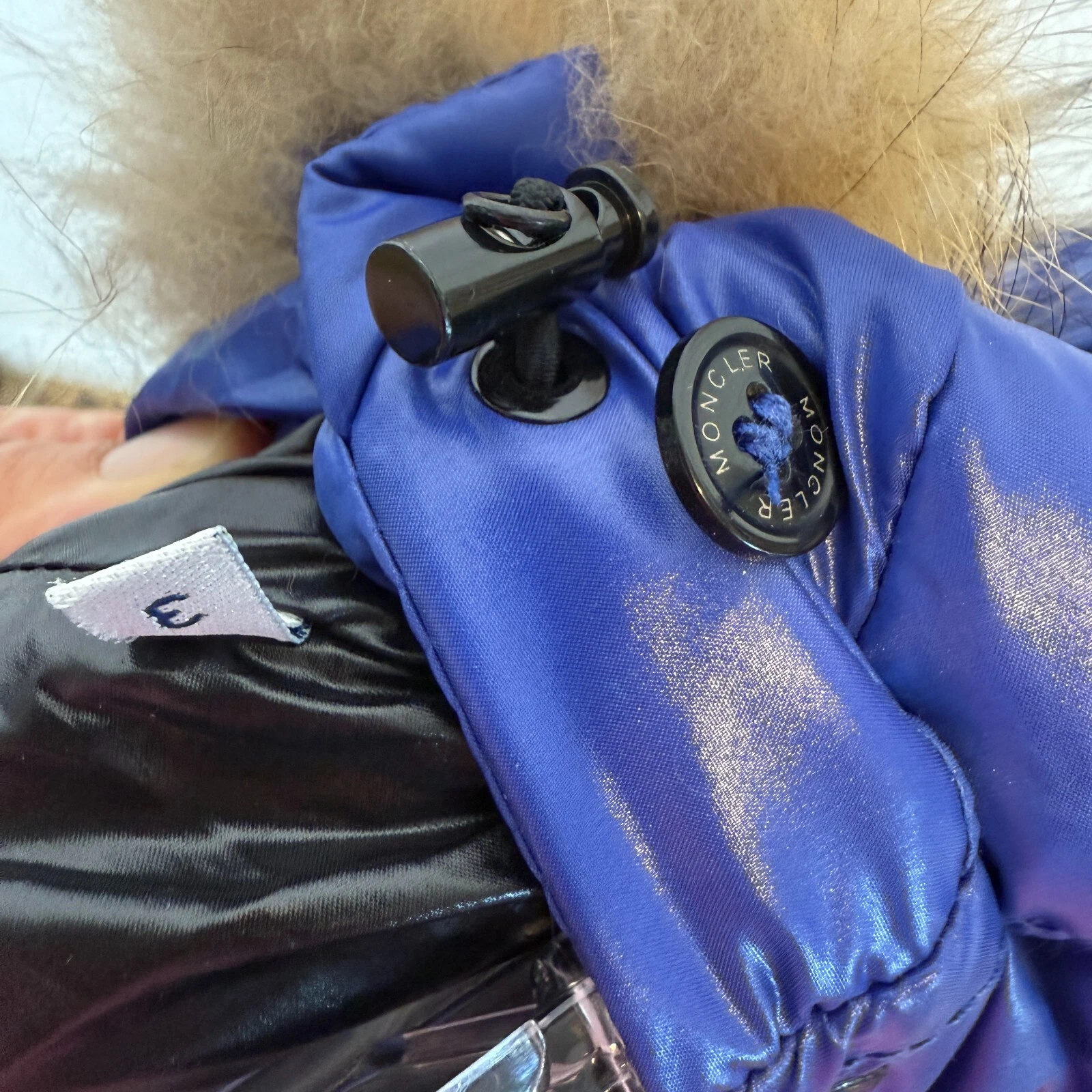 Moncler Alpes Puffer Jacket blu con cappuccio trapuntato piumino vera pelliccia orlo taglia large