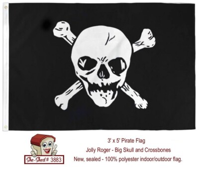 Jolly Roger Pirate Flag 3x5 Big Skull & Crossbones Banner New VGC