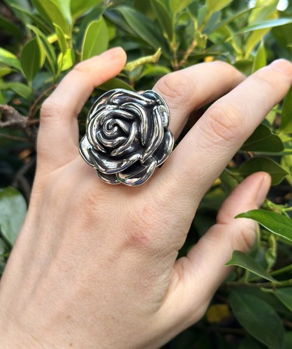 Large Rose Flower Ring STERLING SILVER 925 Massive Silver Rose Ring Floral Exclu