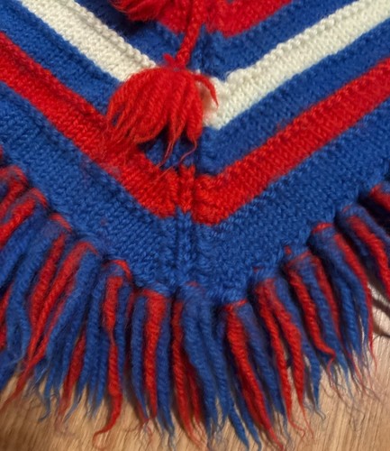 Vtg Handmade Knitted Childs Poncho With Fringe Trim Bold Stripes Red White Blue - Picture 3 of 6