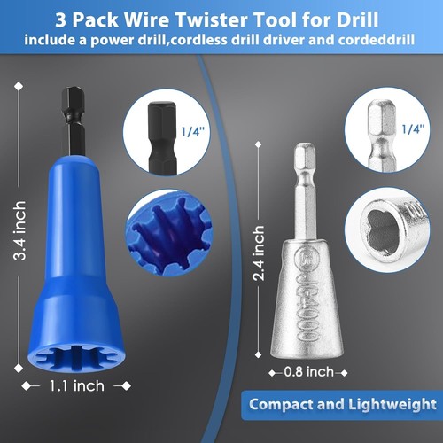 3 Pack Wire Twister Tool for Drill with 1/4" Hex Shank,Electrician Tools Wire - Picture 2 of 6