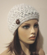 handmade crochet womans flower hat beanie wool blend iceberg gray puffs