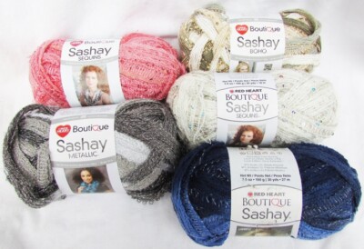 Red Heart Sashay yarn choice color coral champagne sequin rumba blue gray metal