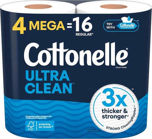 Ultra Clean Toilet Paper, 4 Mega Rolls=16 Regular Rolls 284 Sheets Per Roll