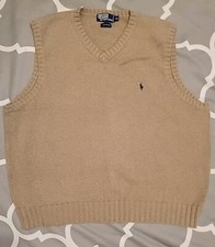 Vtg 90s Polo Ralph Lauren Knit Beige Sweater Vest Mens XL Navy Pony V-Neck