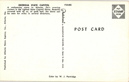 State Capitol Atlanta Georgia beleuchtete Kuppel Nachtsicht Vintage Chrom Postkarte - Bild 2 von 2