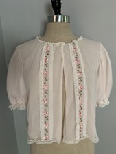 Vintage 50s Sheer Baby Doll Pink Lace Bed Jacket Puff Sleeve Rose Embroidery Med