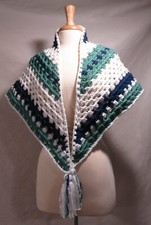 Crochet granny stitch scarf, triangle shawl with tassles green blue white