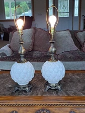 Milk Glass Vintage Quilted Diamond Pattern 3-Way Brass Table Lamps Set Of 2