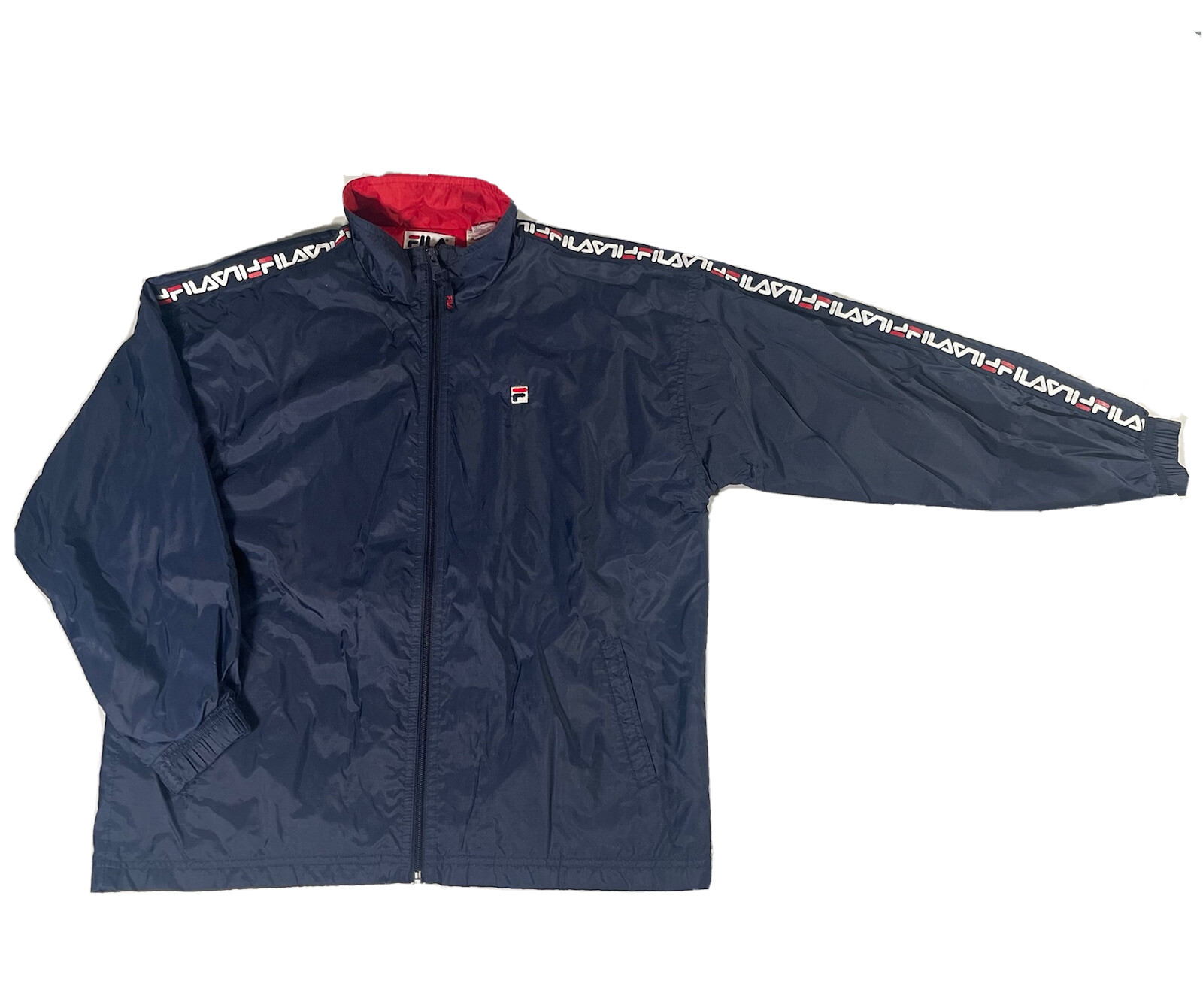 Giacca frangivento vintage Fila da uomo Spellout cerniera intera anni '90 taglia XL (adatta a M L)