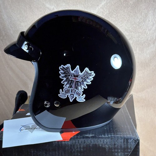 Vega X-380 Black Decal Ride With God Open Face Motorcycle Helmet Adult Size XXL