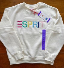 New Esprit Logo Fleece Crewneck Sweatshirt Cream Ivory Viral 80's XS NWT