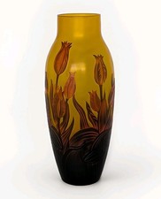 VTG EMILE GALLE REPRODUCTION ART NOUVEAU FLORAL TULIPS CAMEO GLASS 13" VASE NOS