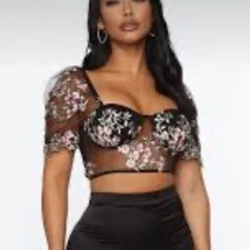 Shein Sheer Crop Top Embroidered Floral Dark Romantic Sz Small