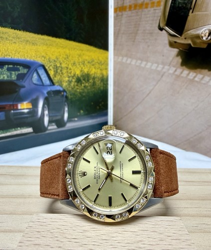 Rolex Datejust Two Tone Champagne Dial Diamond Pyramid Bezel Leather Men’s Watch